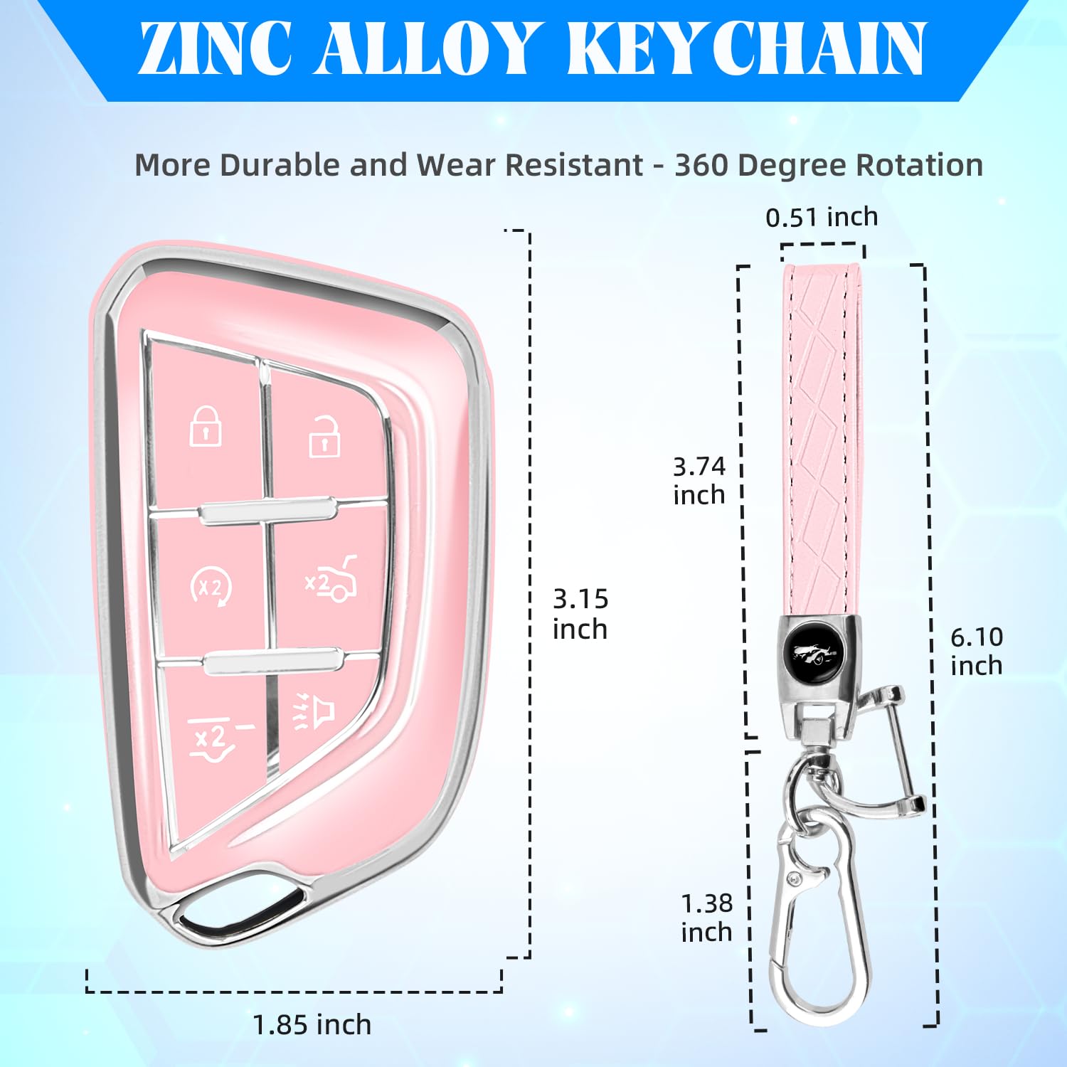 Chrome zinc alloy and leather keychain enhances secure attachment.
