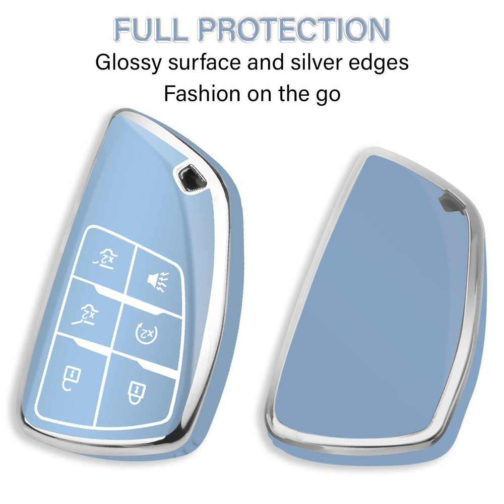 QBUC Chevy GMC key fob cover blue close-up highlights durable TPU texture