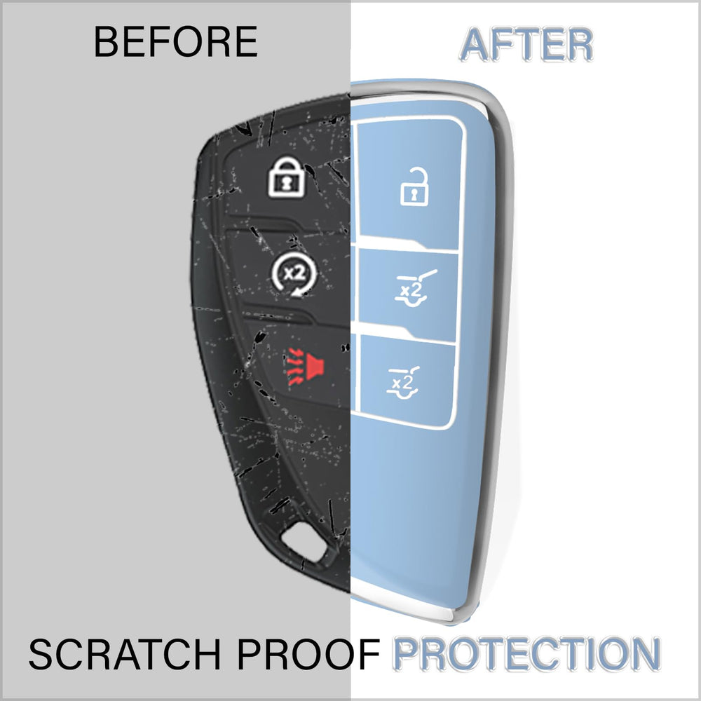 QBUC Chevy GMC key fob cover blue side view with precise button access