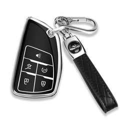 QBUC Chevy GMC key fob cover with chrome trim for durable protection and easy access.
