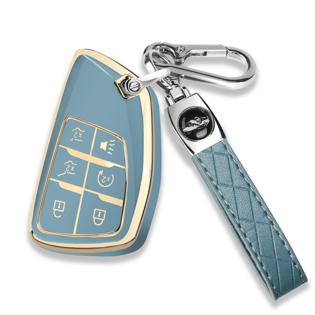 QBUC Chevy GMC key fob cover front blue-gold view highlights easy identification.