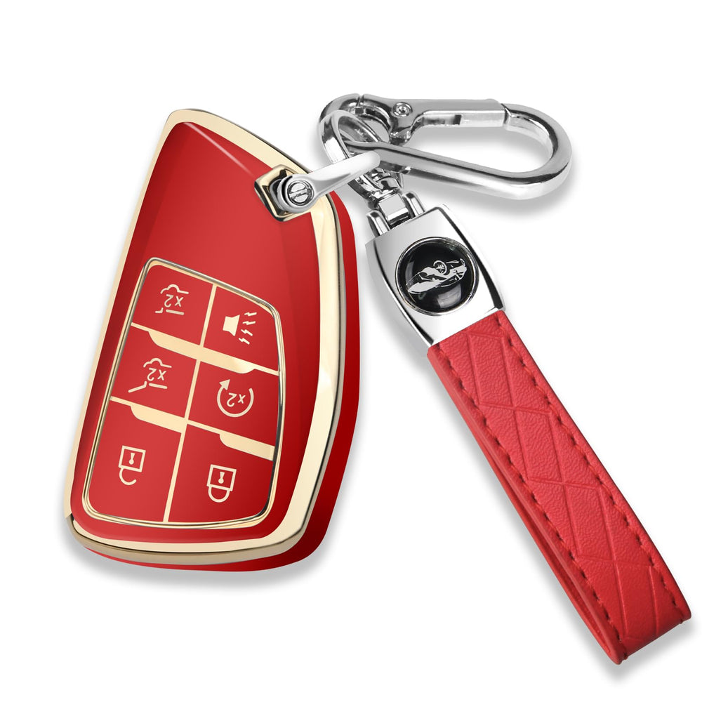 QBUC Chevy GMC key fob cover in gold trim red protects against scratches.