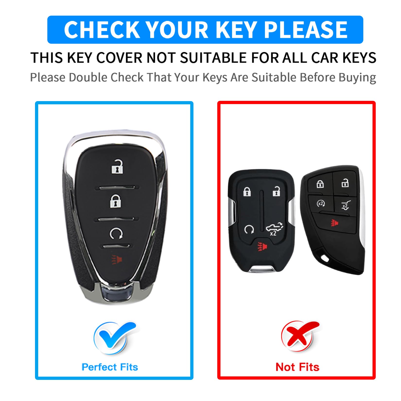 QBUC Chevy key fob cover shows a 4-button layout for secure fitting.
