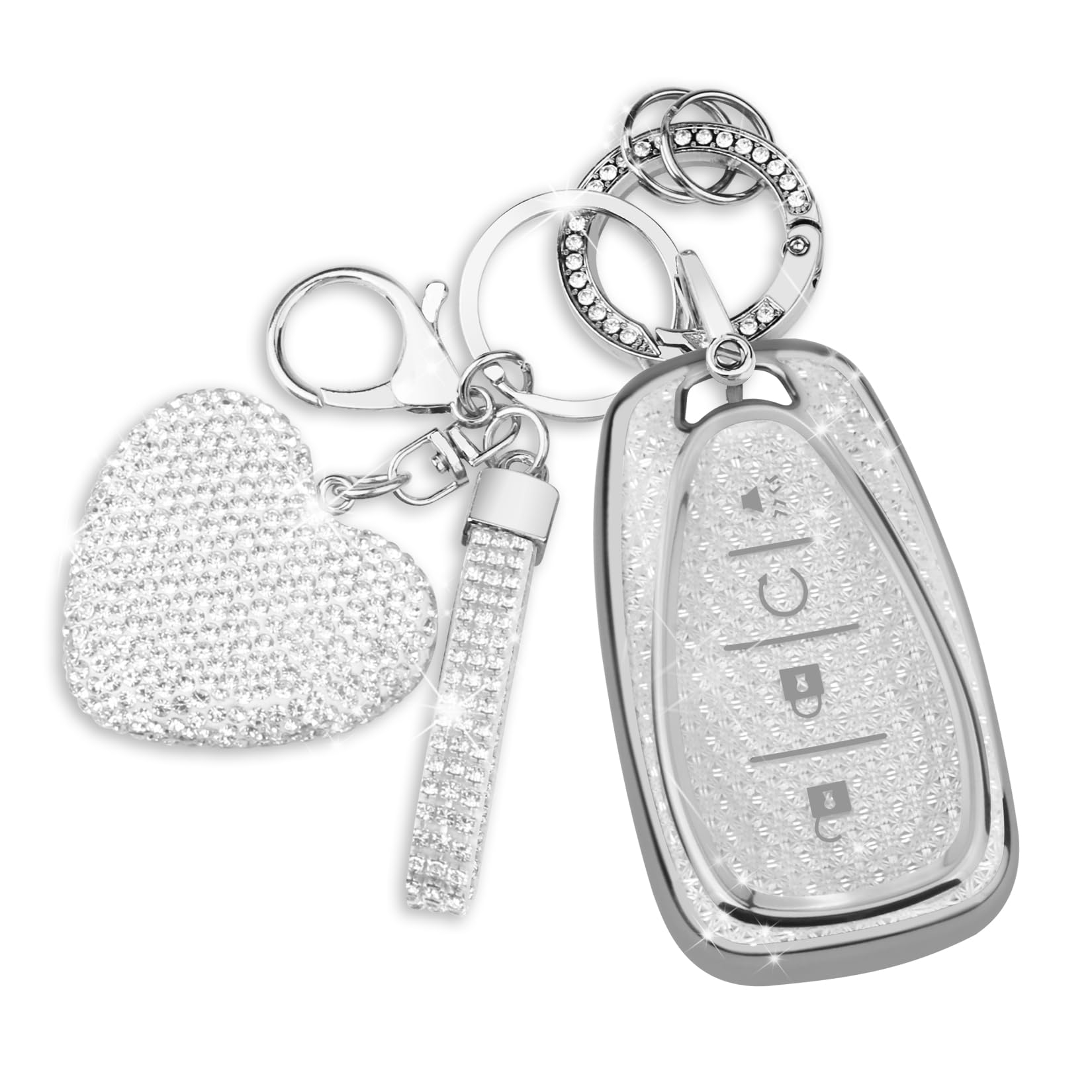 QBUC Chevy key fob cover with diamond keychain offers stylish protection.