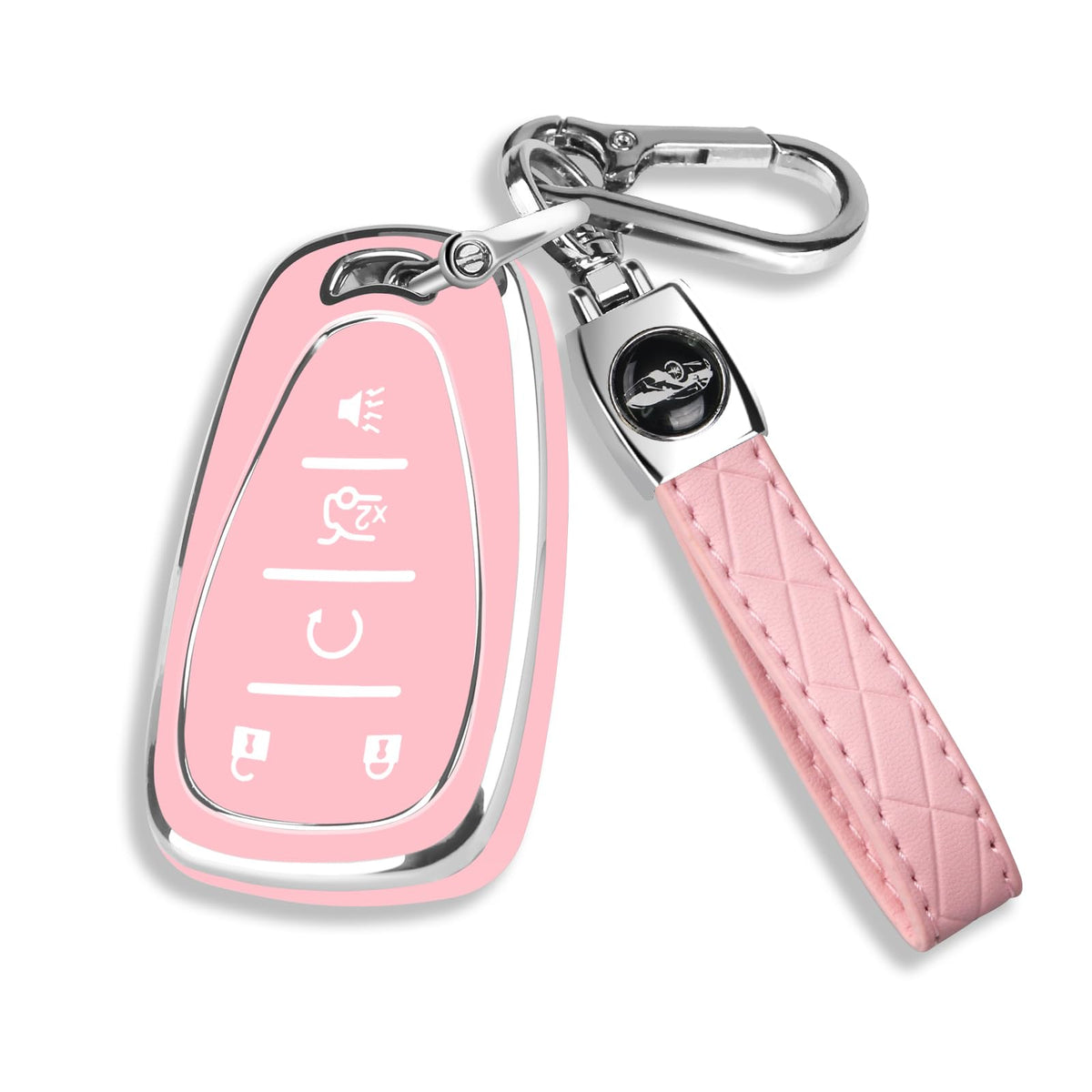 QBUC Chevy key fob cover front view with pink chrome trim for easy locating