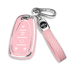 QBUC Chevy key fob cover front view with pink chrome trim for easy locating