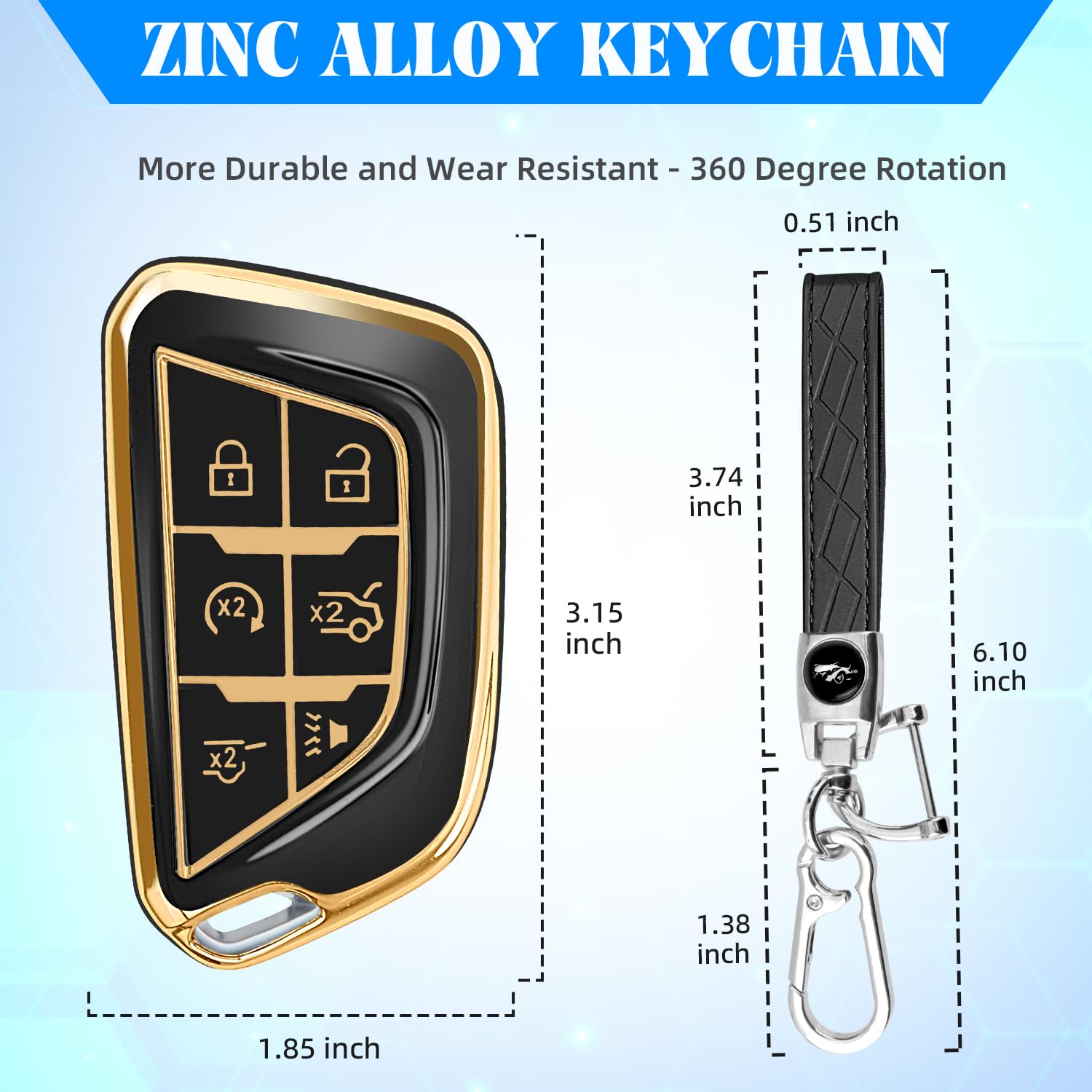 QBUC chrome zinc alloy keychain with leather for secure attachment.