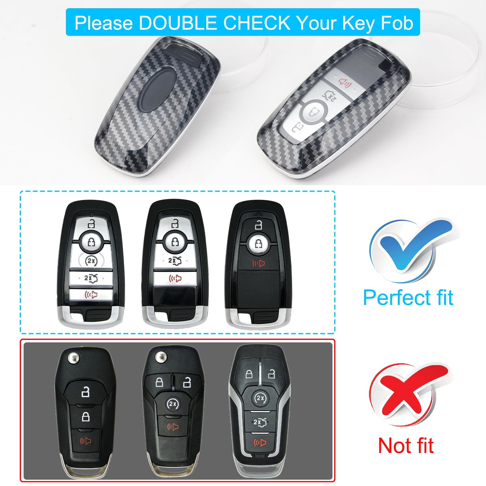 QBUC Ford key fob cover carbon fiber back view shows durable shell.