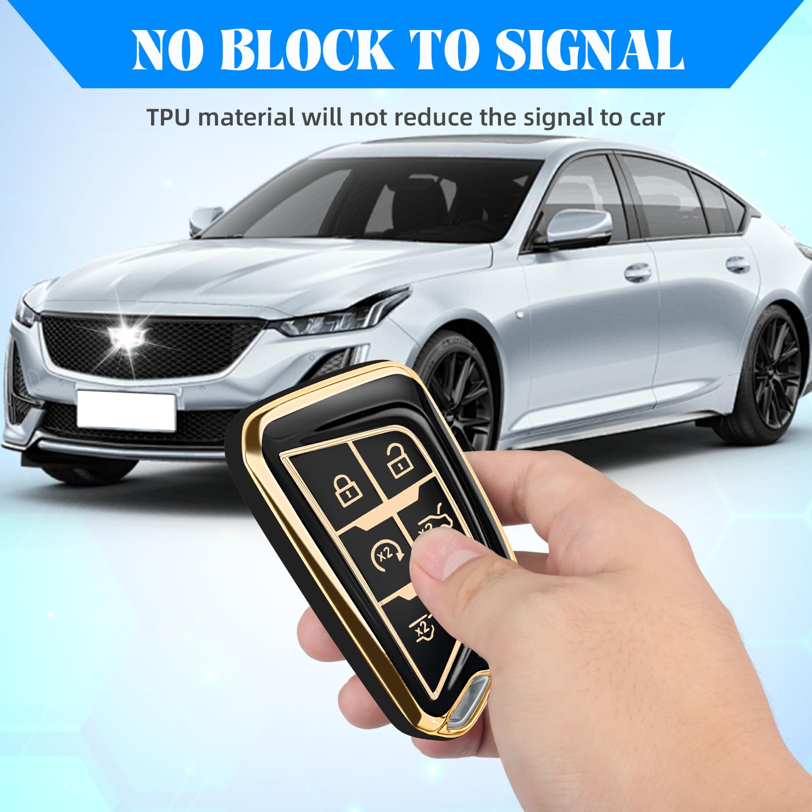 QBUC glossy finish with gold trim enhances Cadillac fob aesthetics.