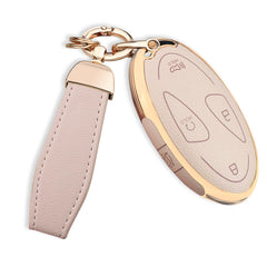 QBUC Hyundai key fob cover in cream upper leather offering premium grip