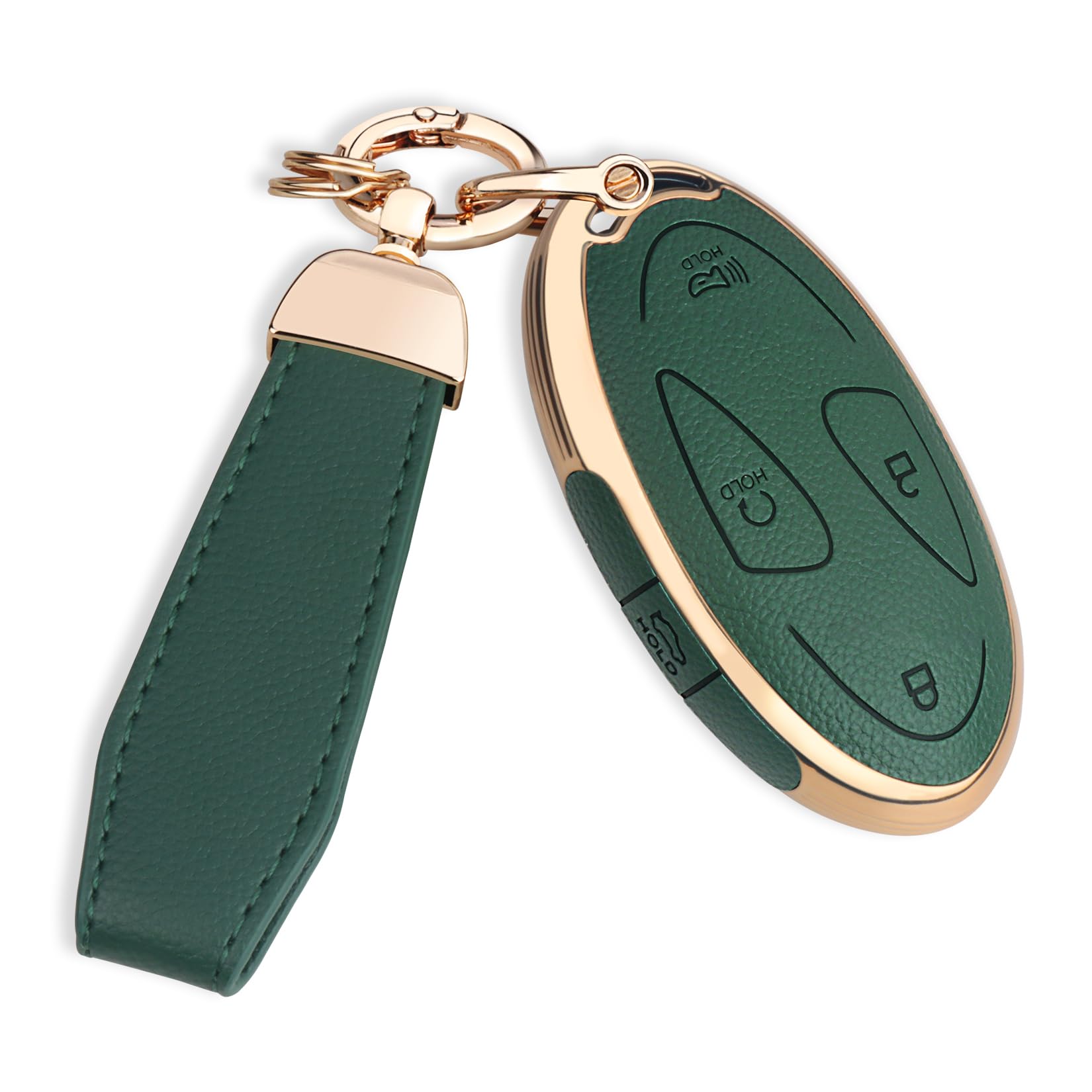 QBUC Hyundai key fob cover in green upper leather provides premium grip and protection.