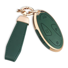 QBUC Hyundai key fob cover in green upper leather provides premium grip and protection.