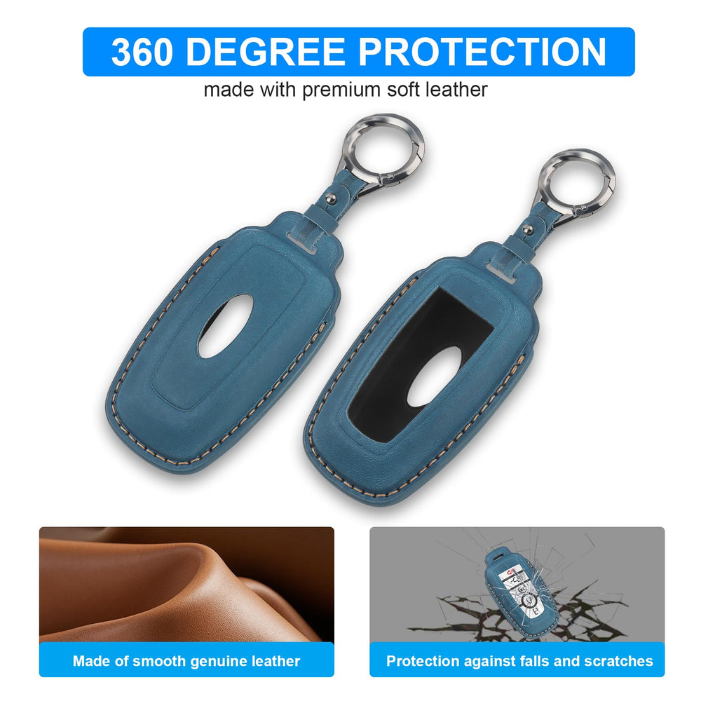 QBUC keychain included with blue leather fob cover for daily carry
