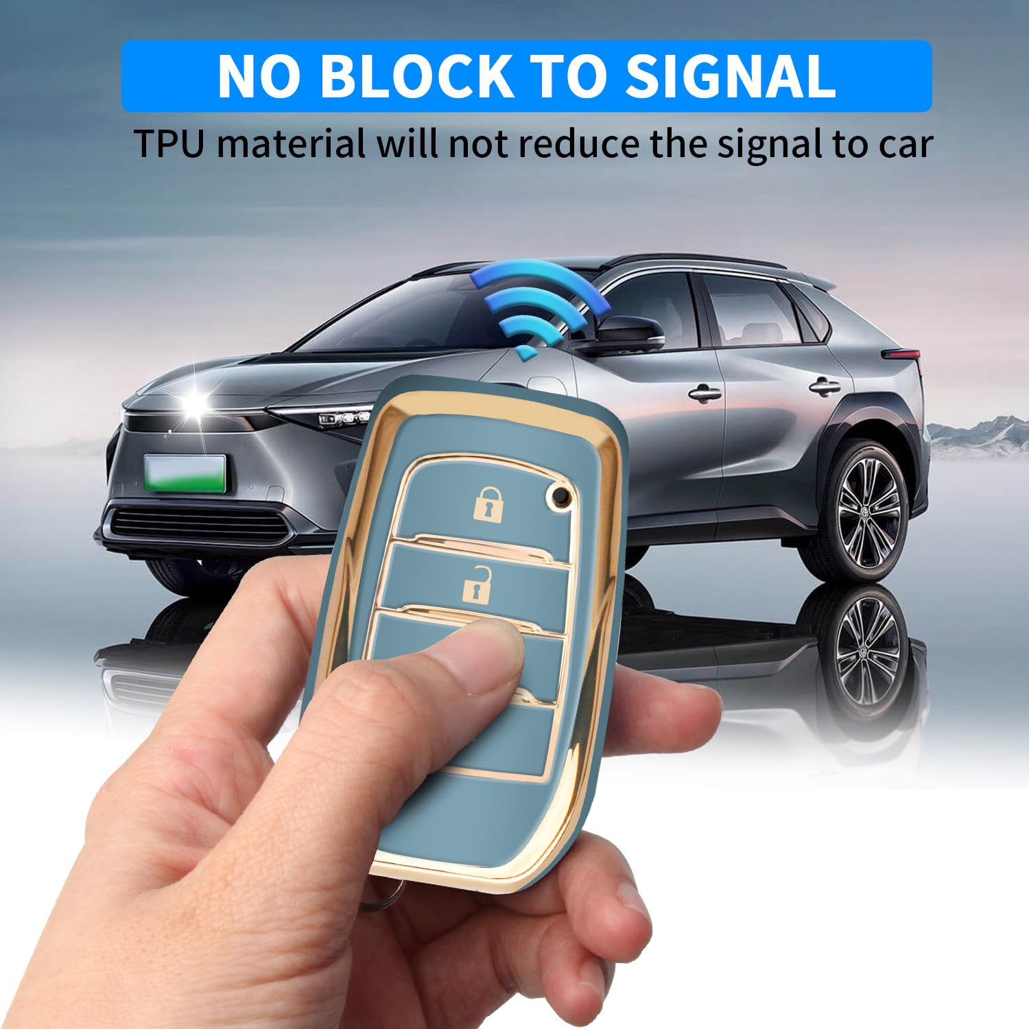 QBUC Toyota key fob cover blue, keychain detail, convenient everyday carry.