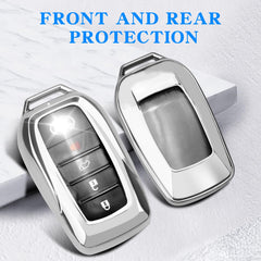 QBUC Toyota key fob cover in silver, side view with slim profile for comfortable grip.