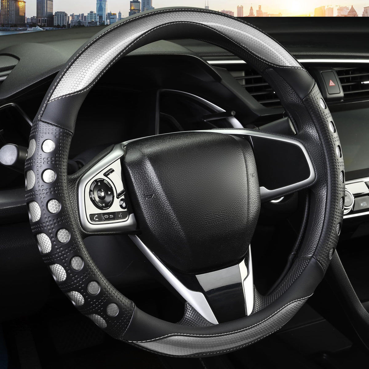 QCYP steering wheel cover in gray front view enhances protection and style