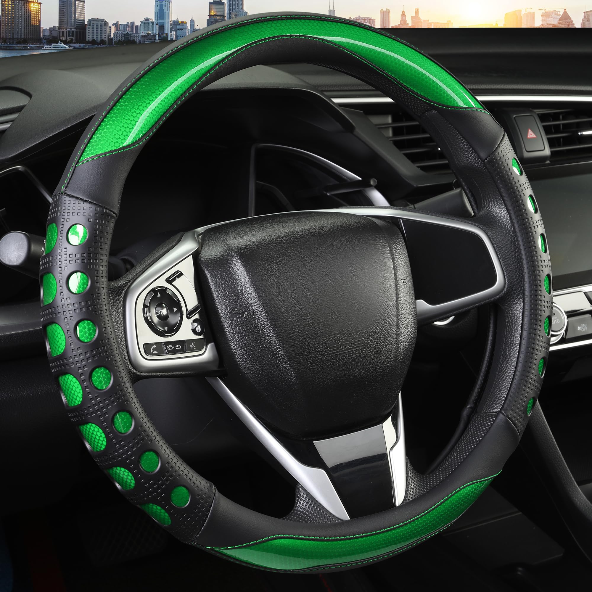 QCYP PU leather steering wheel cover round green 14-15 inch protects and refreshes the wheel
