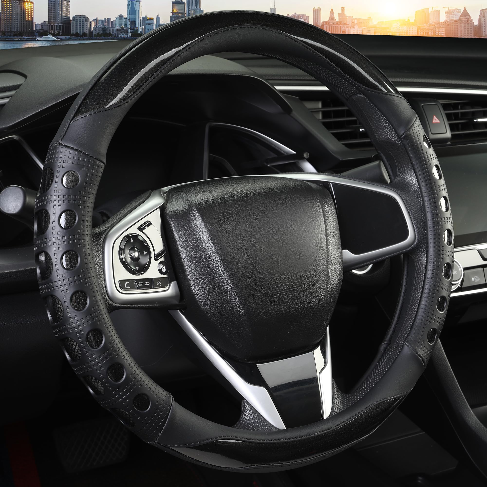 QCYP steering wheel cover showing anti-slip grip for secure handling.