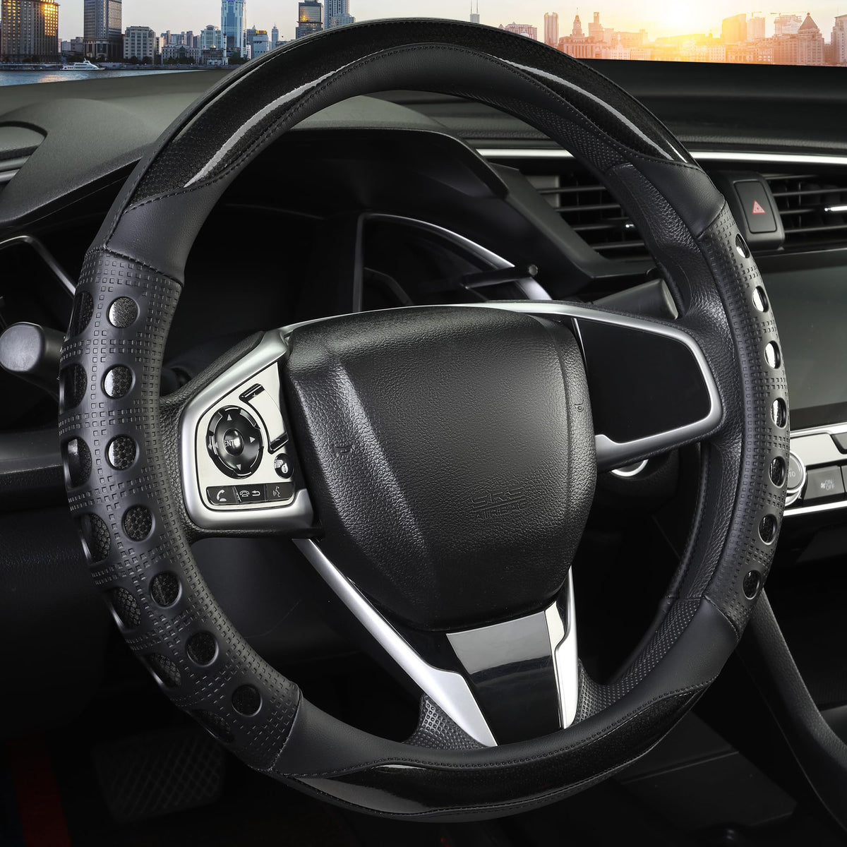 QCYP steering wheel cover showing anti-slip grip for secure handling.