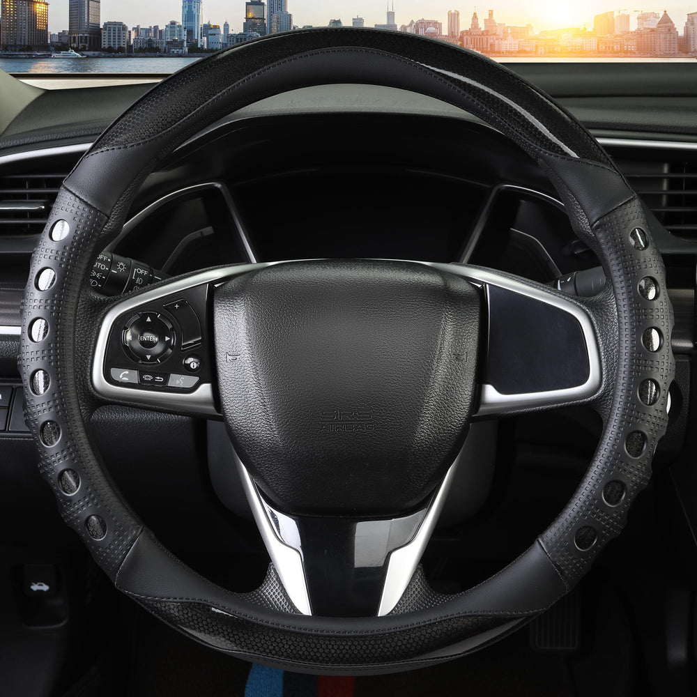 QCYP Nappa leather wheel cover in round black finish for premium look.