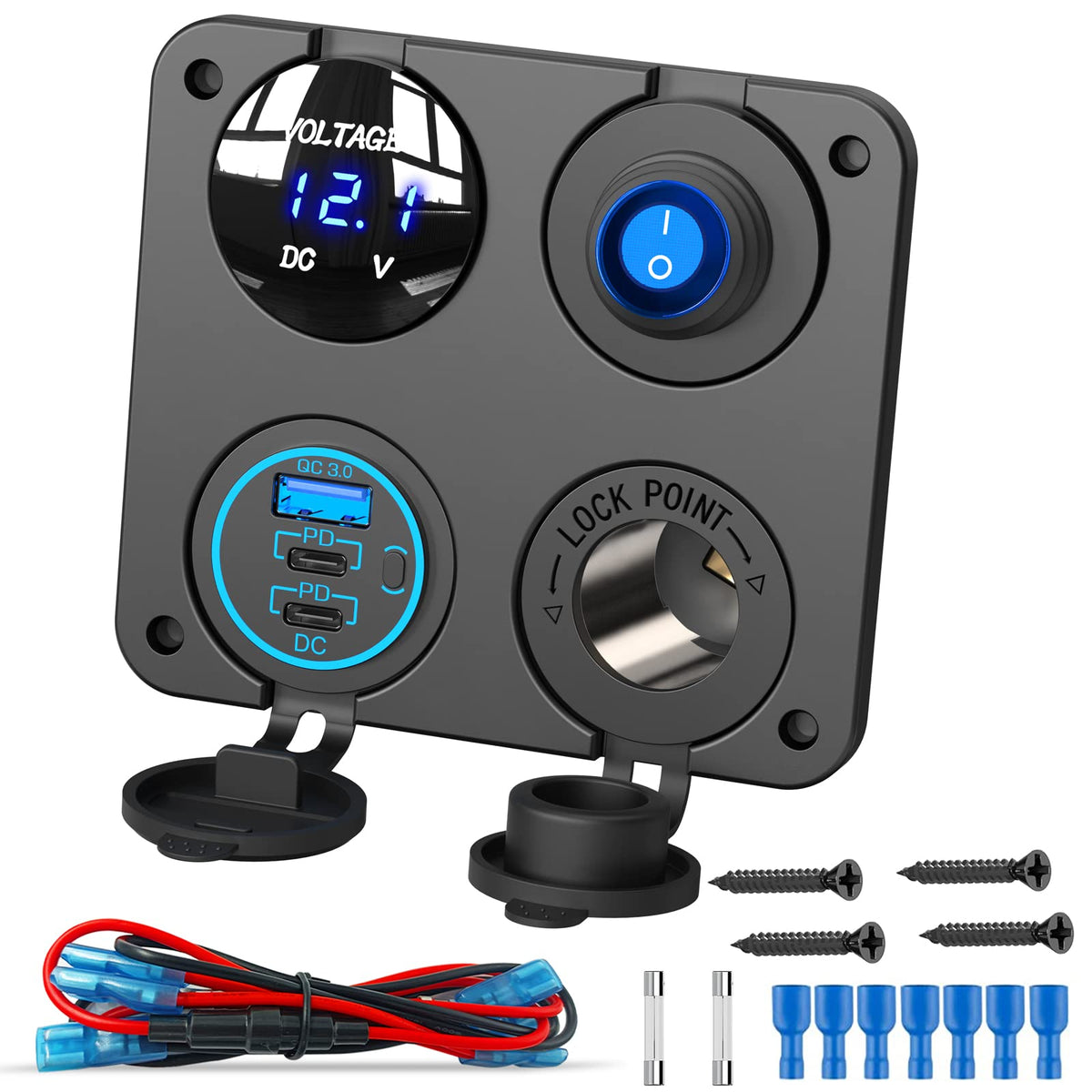 Qidoe 12V 4-in-1 panel front view shows all ports for versatile charging