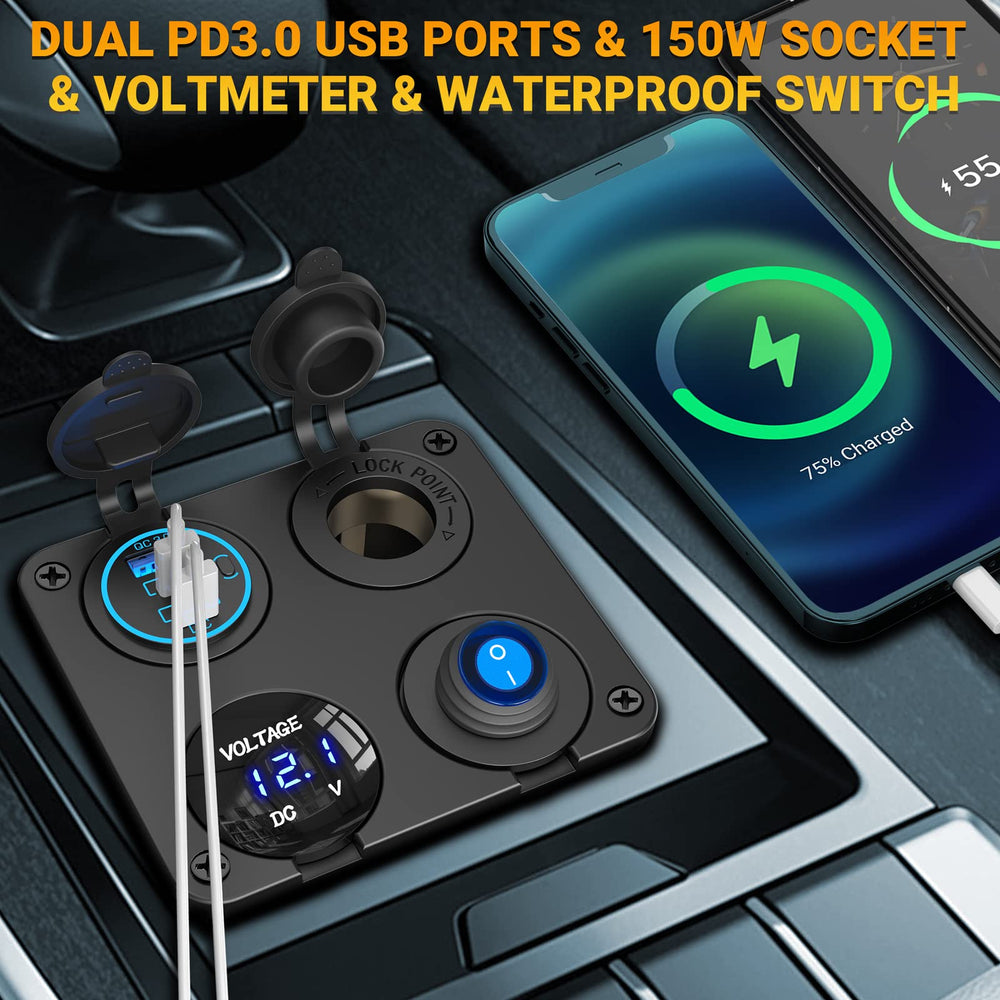 Qidoe 150W cigarette lighter socket powering GPS, dash cam, or fridge