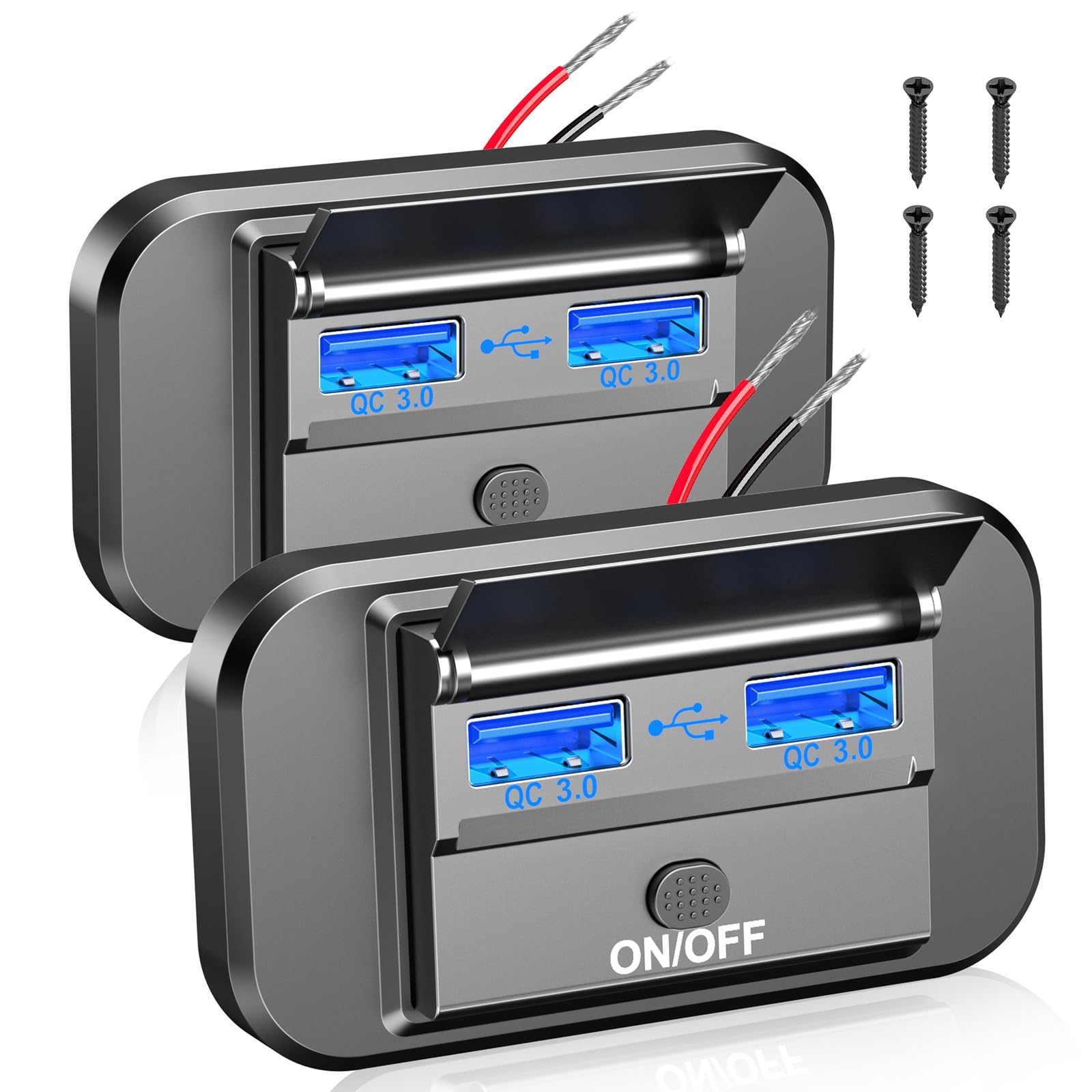 Qidoe 2-pack 12V USB outlet with surface-mount design for easy installation.