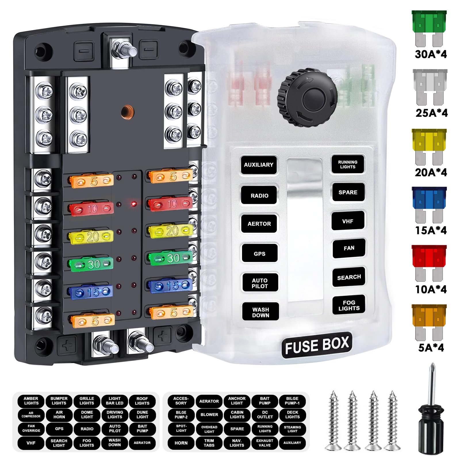 Qidoe 300A 12-way fuse box front view with LED indicators for quick fault detection.