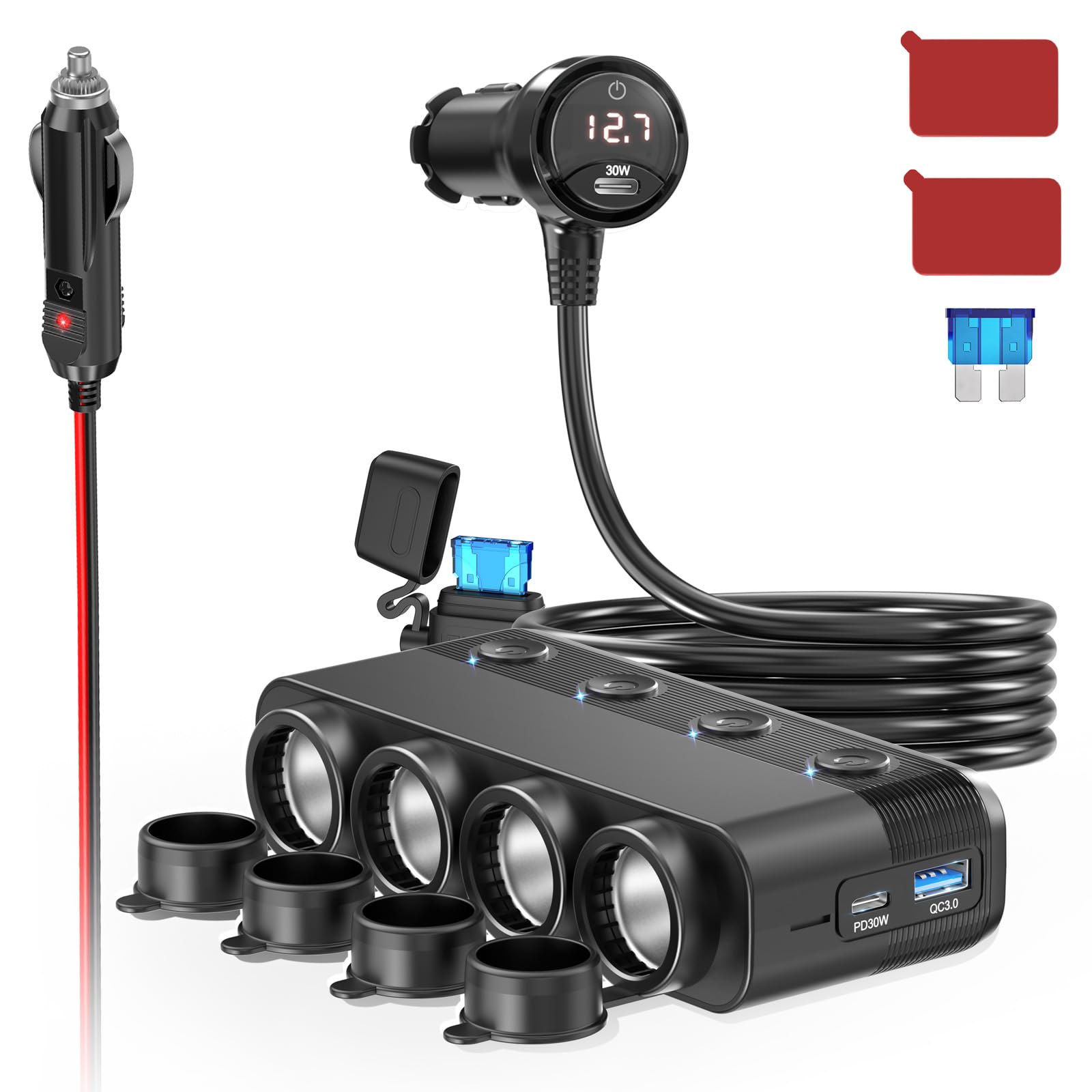 Qidoe 4-socket cigarette lighter splitter powers multiple devices on the go.