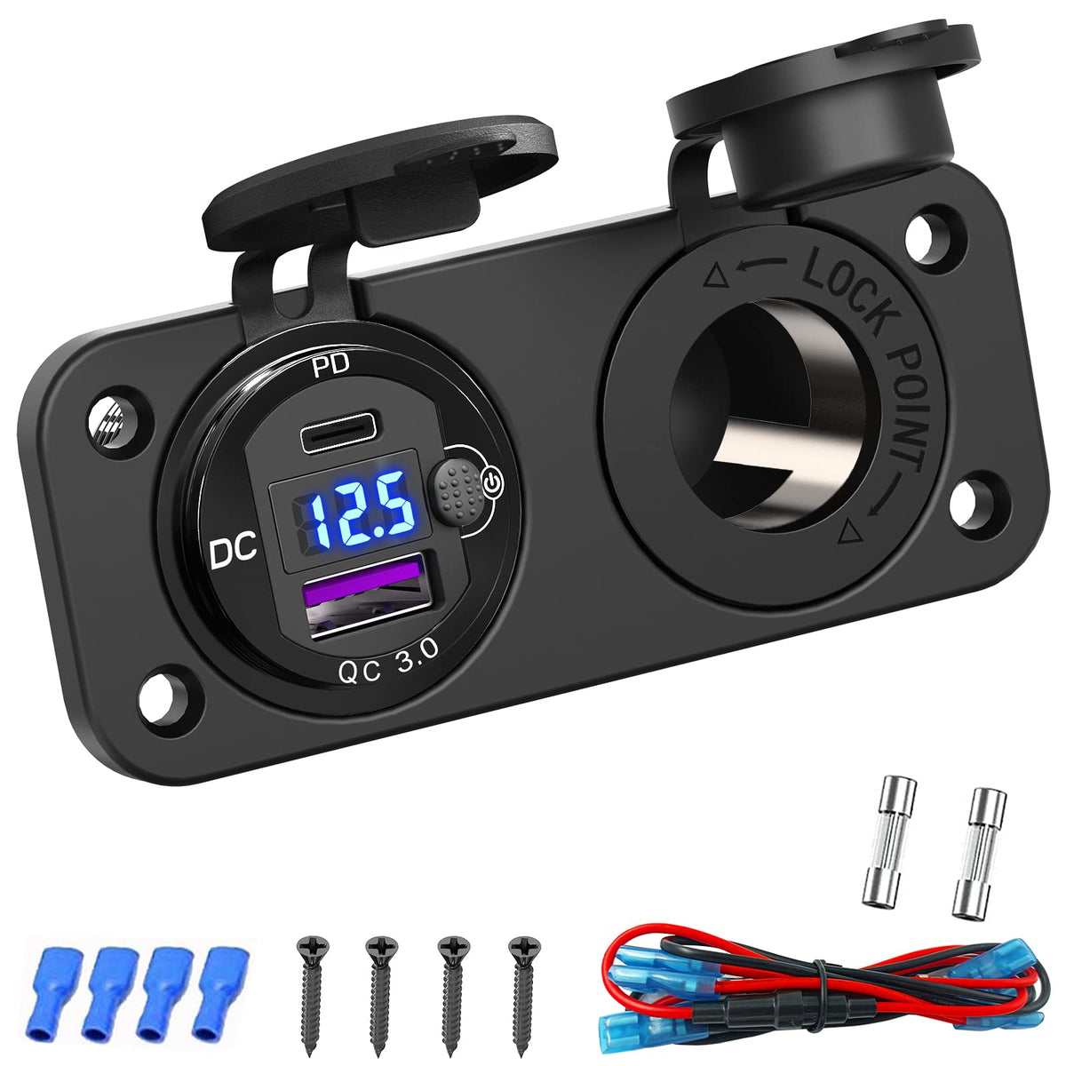 Qidoe cigarette lighter panel showing 12V USB port for versatile charging on the go