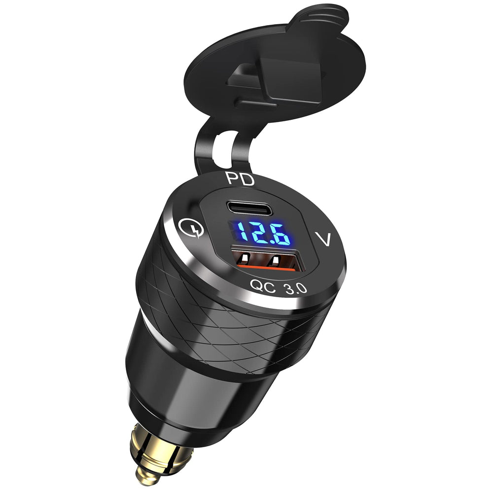 Qidoe DIN USB adapter front view for motorcycles with Hella plug