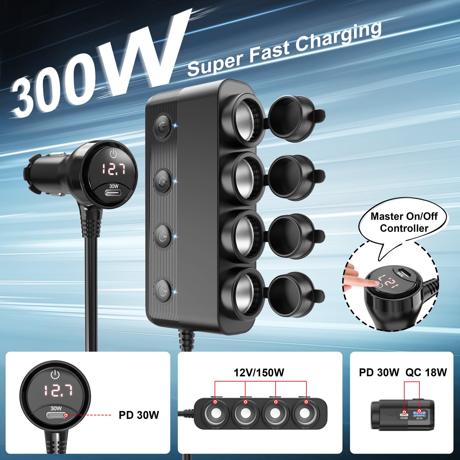 Qidoe dual PD30W Type-C ports deliver fast charging for laptops and phones.