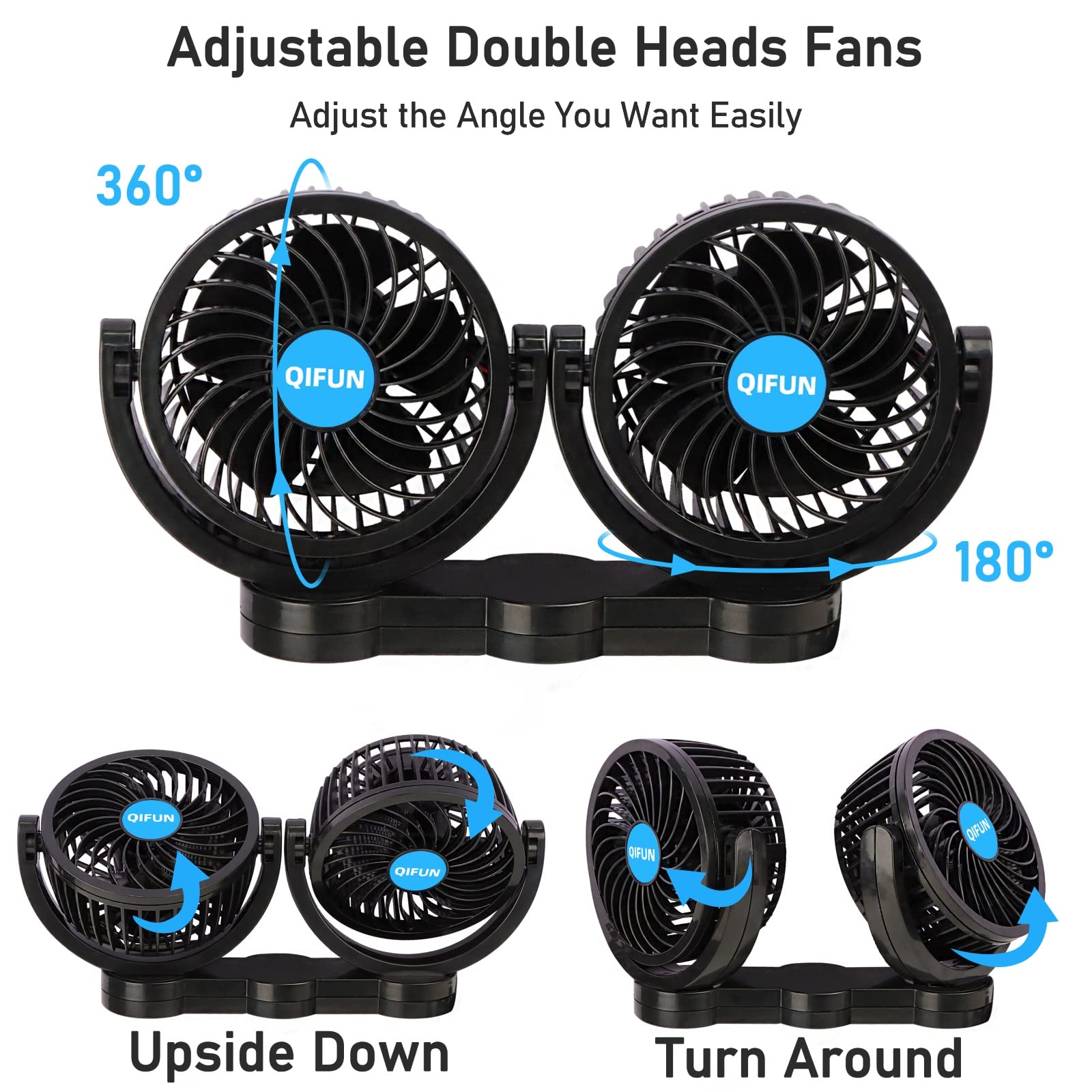 QIFUN 4-inch dual-head fan with adjustable rotation for flexible airflow.