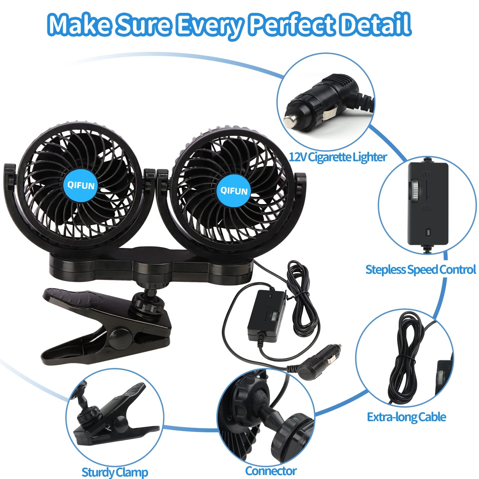 QIFUN car fan with 360° rotation heads provides flexible airflow
