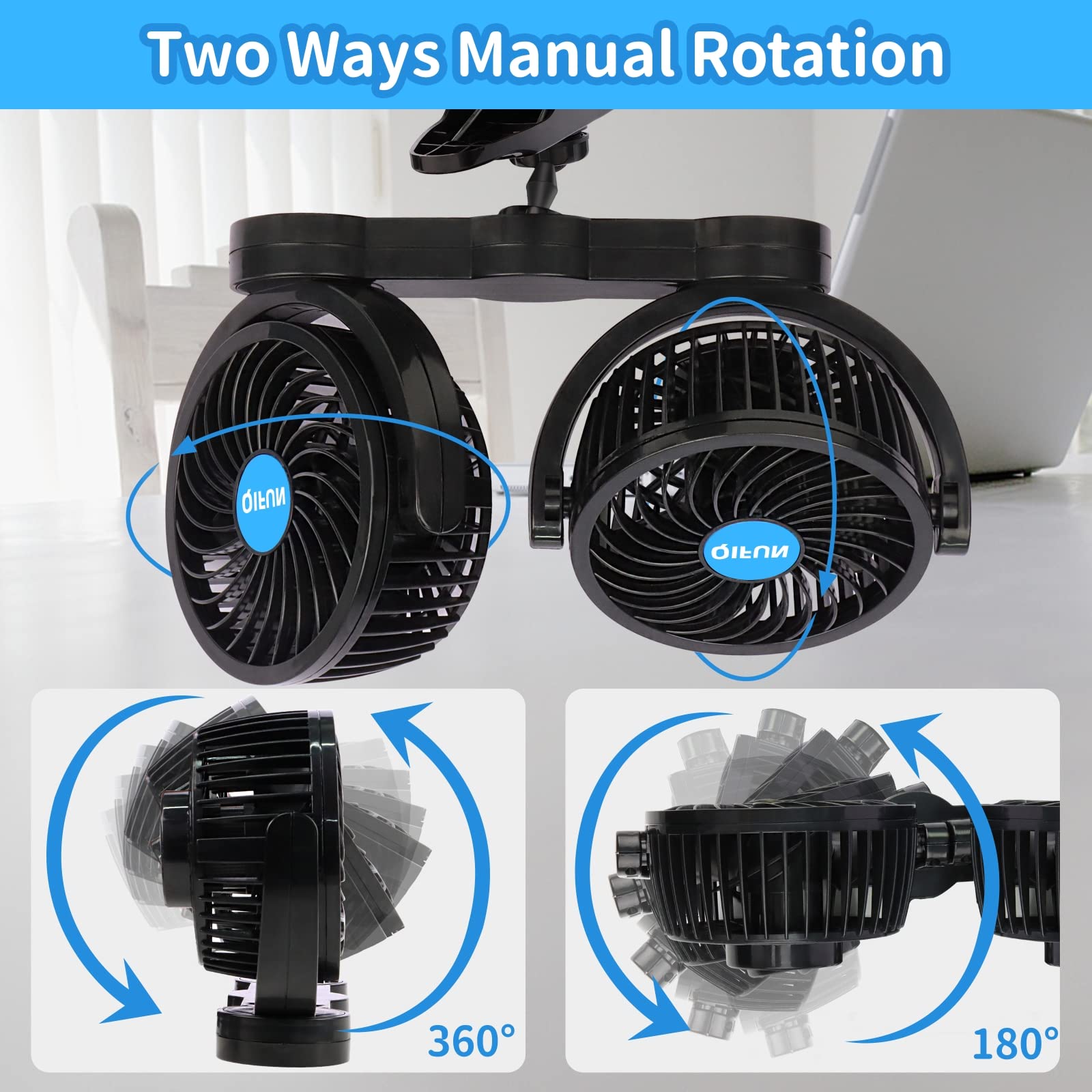 QIFUN car fan with large clamp ensures secure mounting