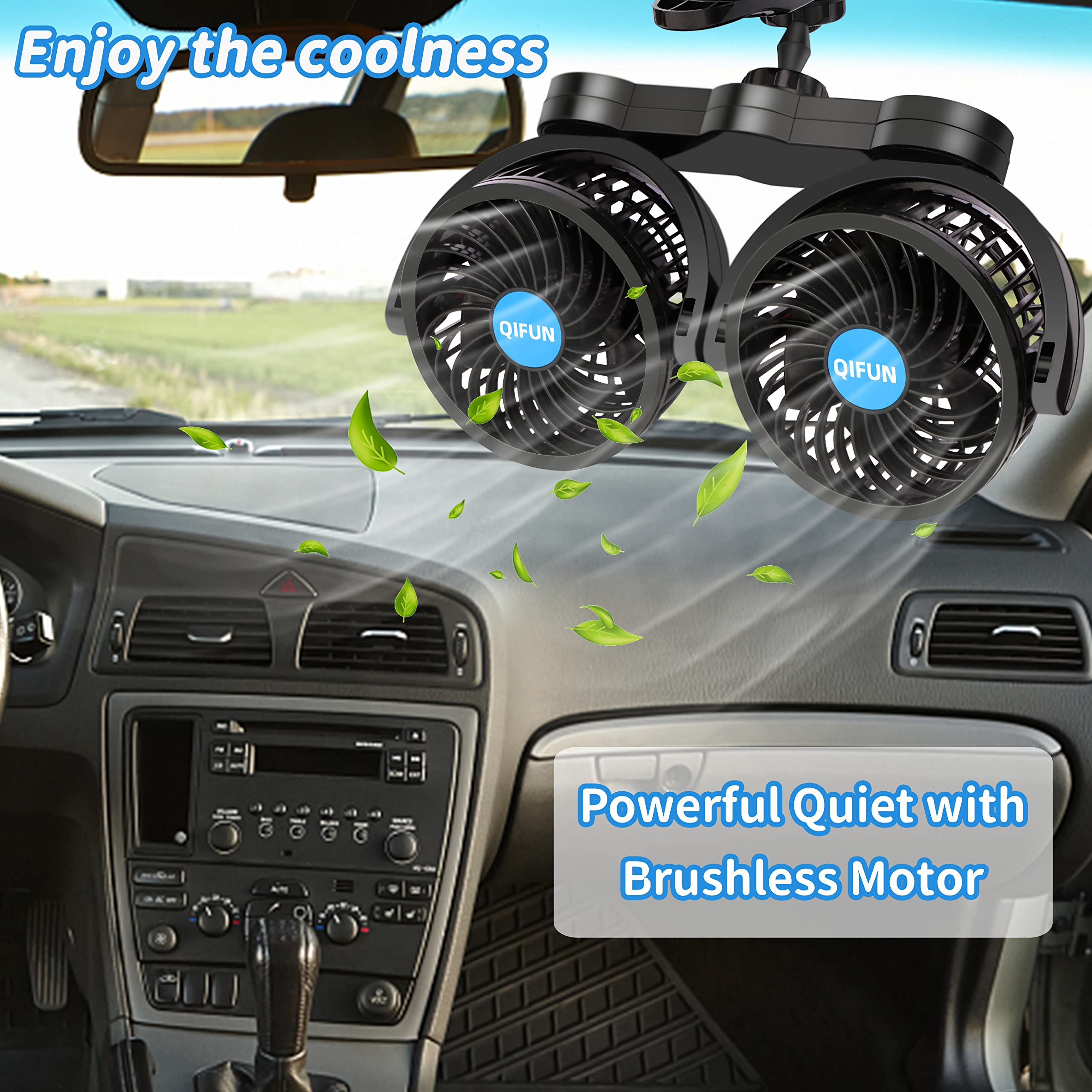 QIFUN dual-head car fan mounted on rear seat for passengers and pets