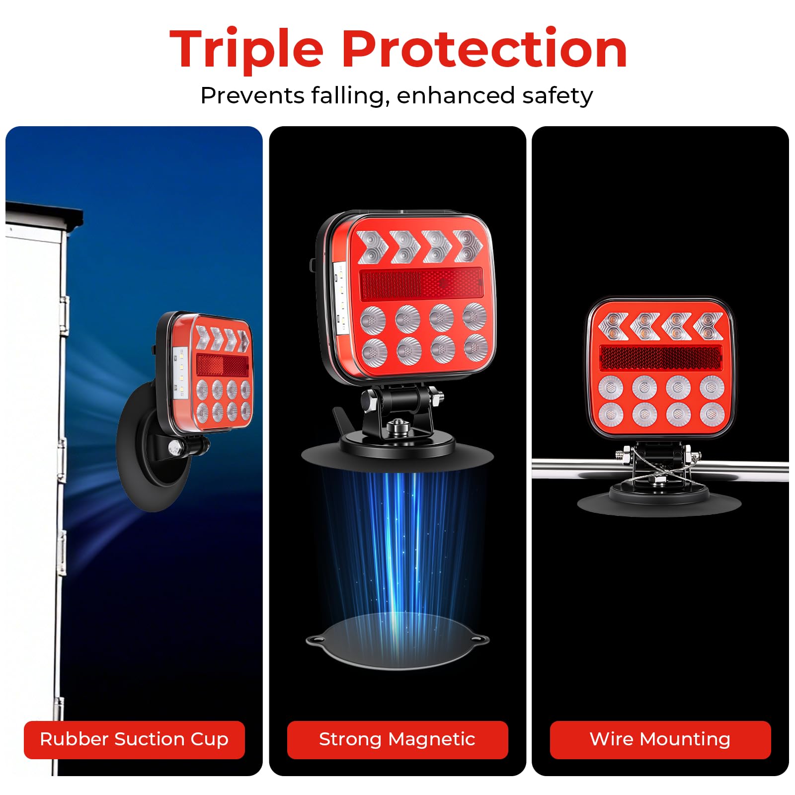 QINOJA trailer light with suction cup base for non-magnetic surfaces
