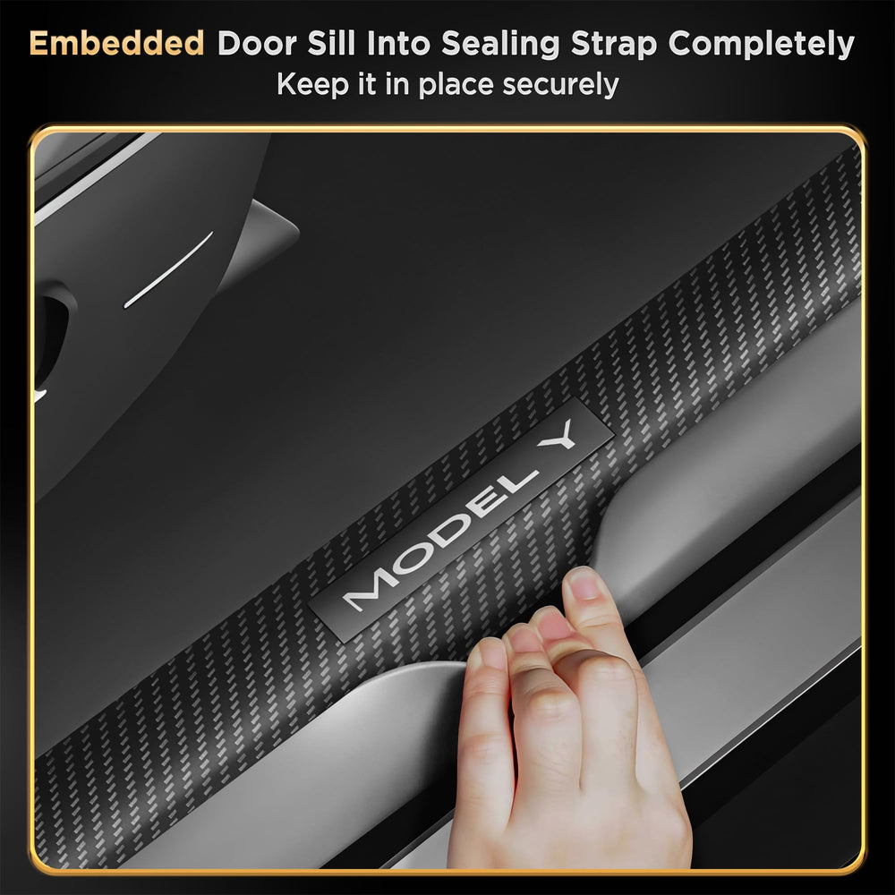 QINQINTU door sill protector for Model Y Juniper with durable ABS carbon finish.