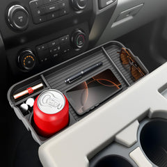 QINQINTU front seat headrest organizer with large cup holder keeps essentials within reach.