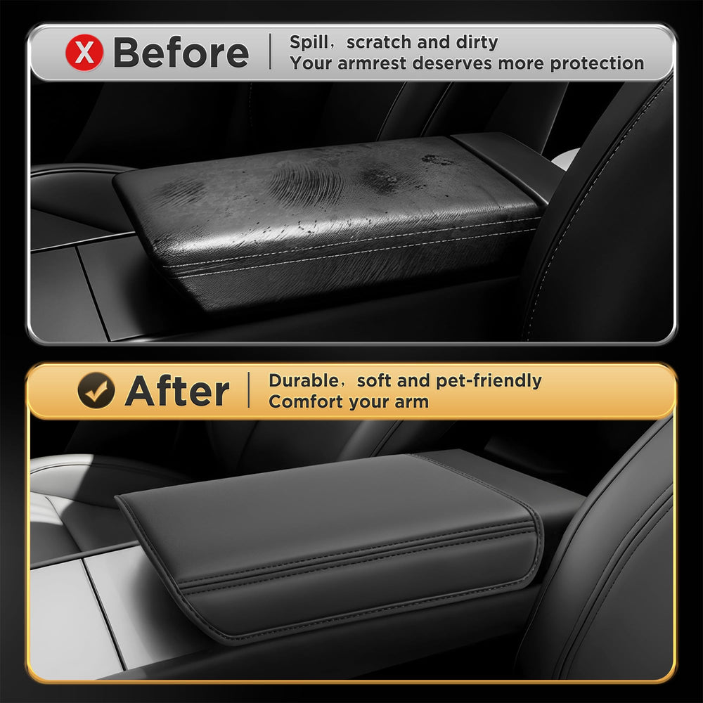 QINQINTU Model Y Juniper armrest cover installed for a seamless look.