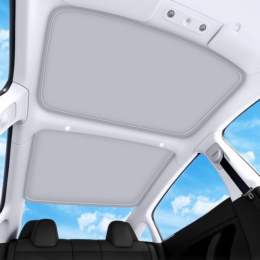QINQINTU Model 3 sunshade on glass roof for a seamless, sag-free fit.