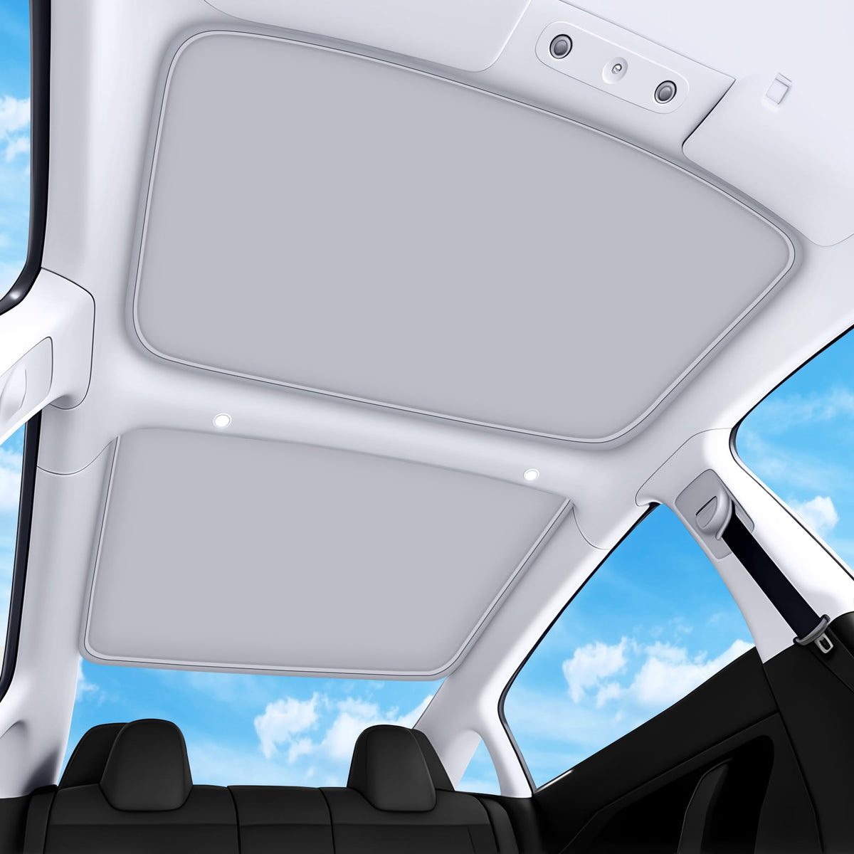 QINQINTU Model 3 sunshade on glass roof for a seamless, sag-free fit.