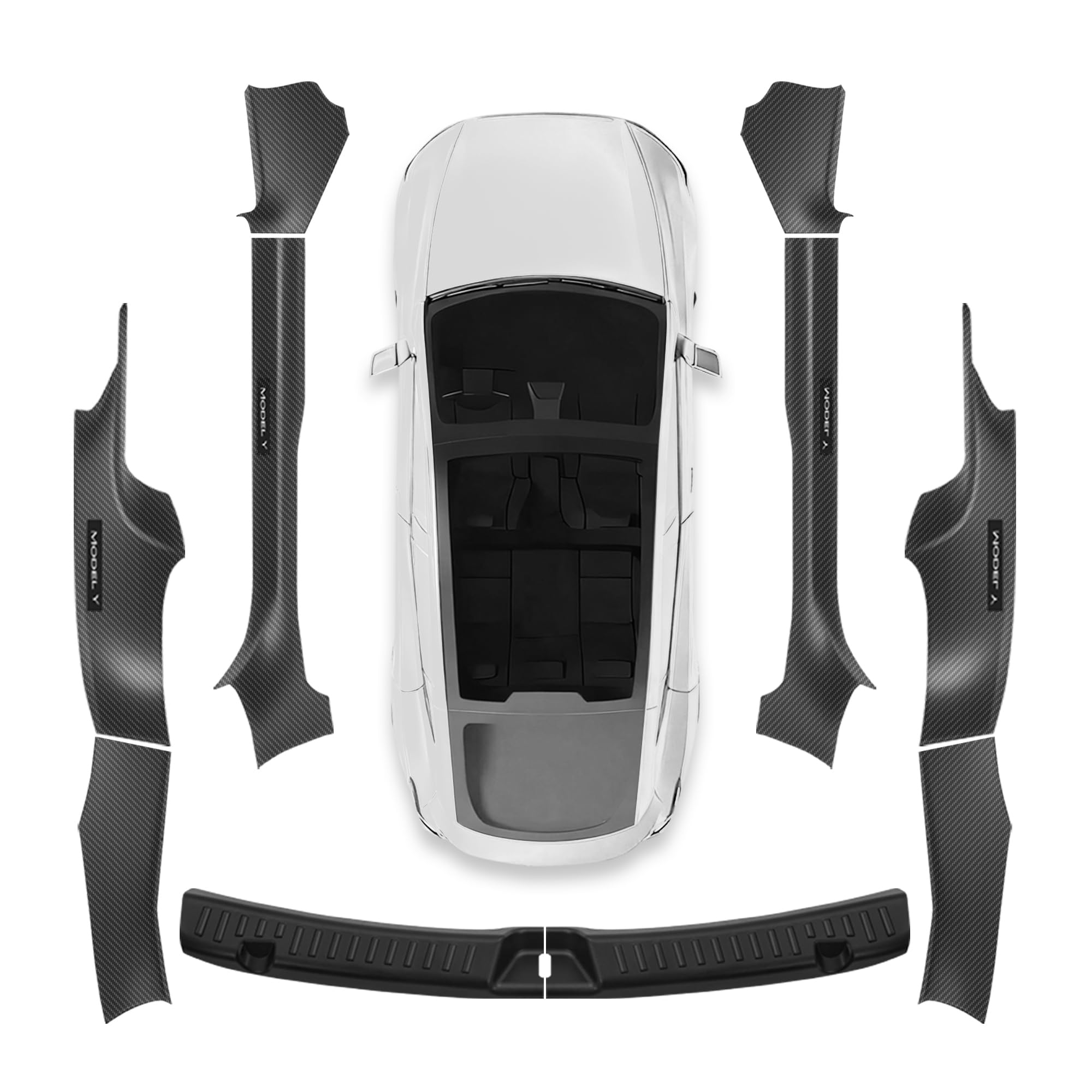QINQINTU door sill guard for Tesla Model Y Juniper; precise fit with carbon fiber finish.