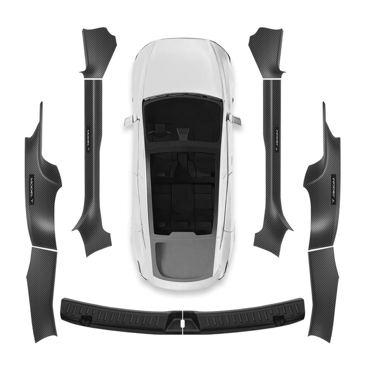 QINQINTU door sill guard for Tesla Model Y Juniper; precise fit with carbon fiber finish.