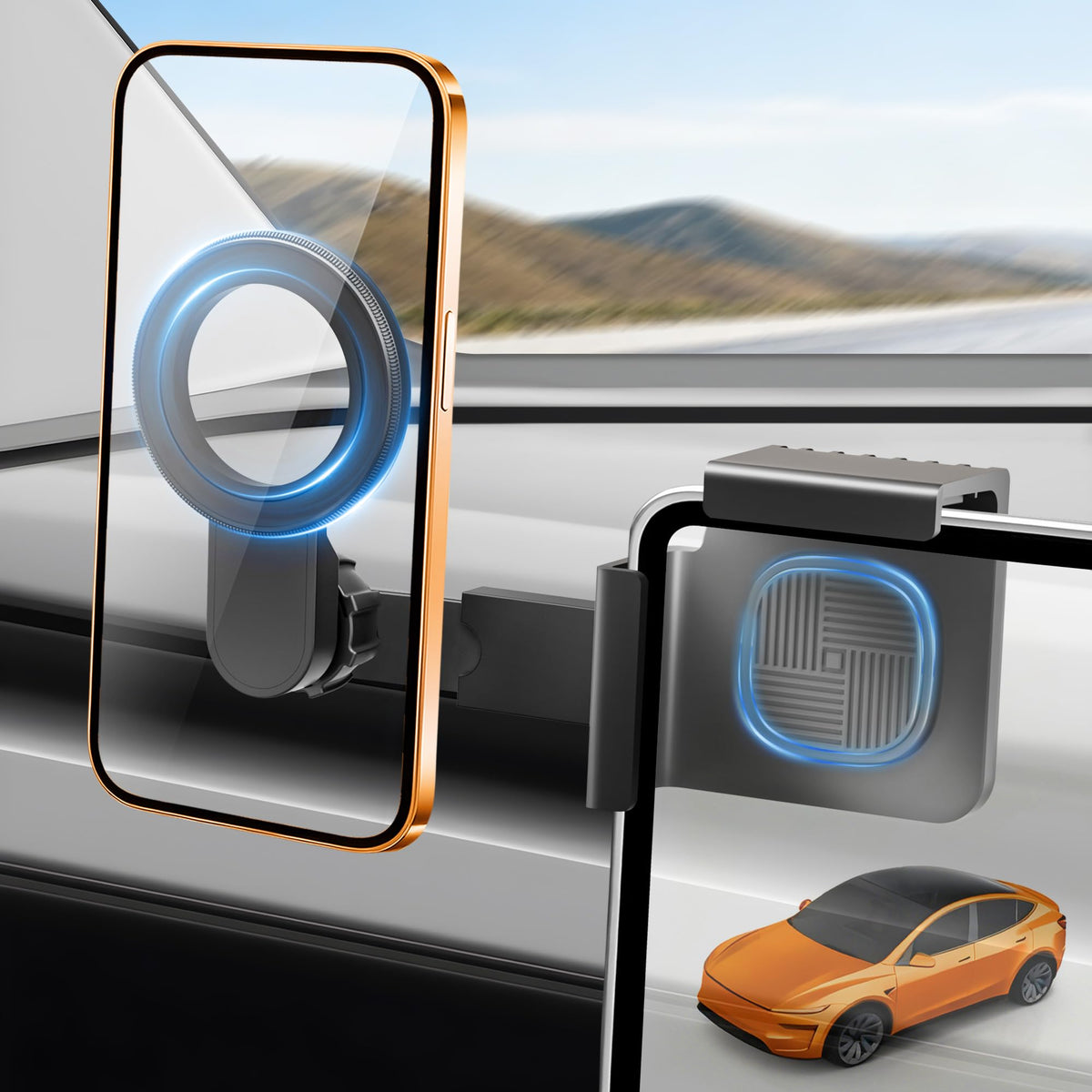 QINQINTU Tesla mount with strong magnets for secure hold on rough roads.