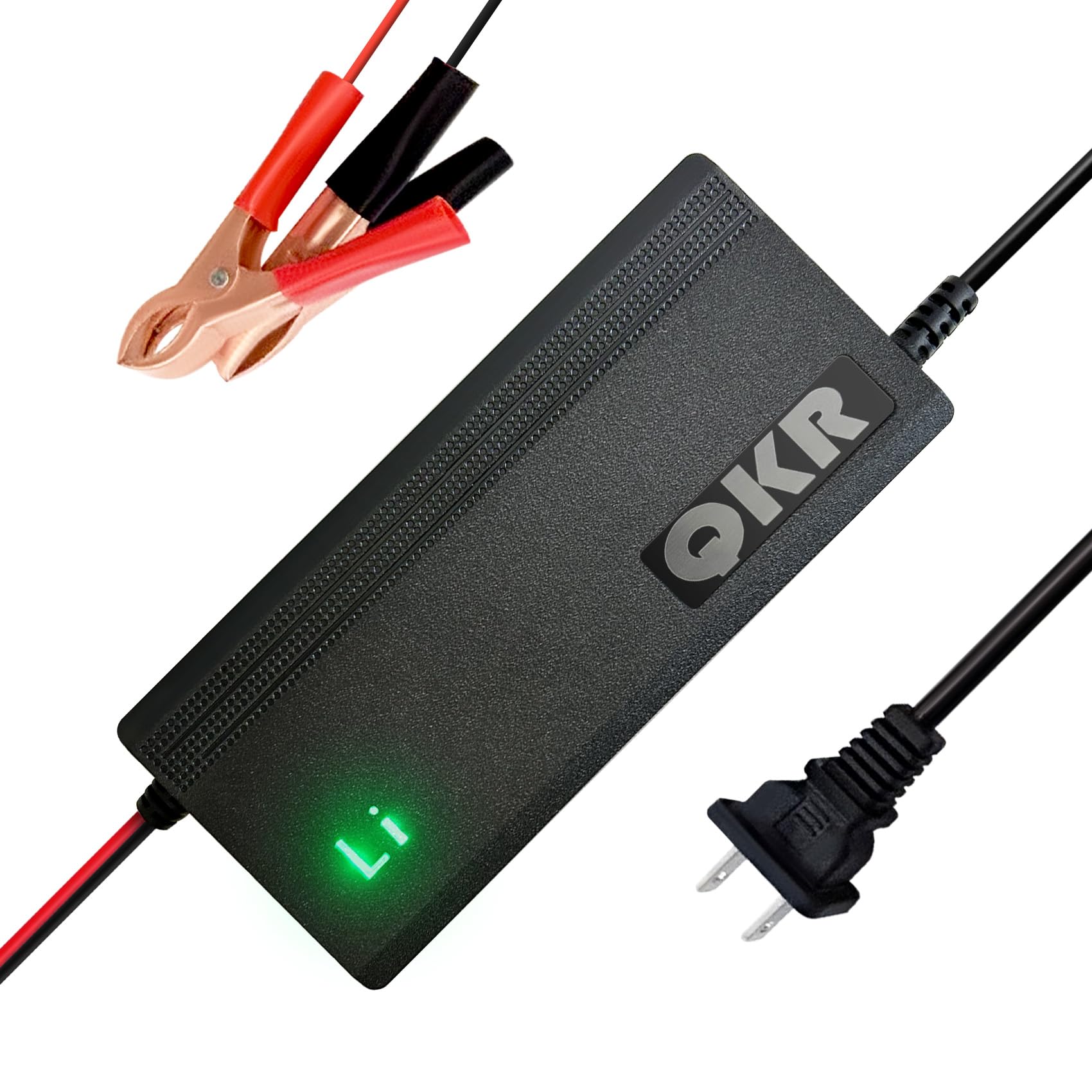 QKR 12V LiFePO4 charger front view for convenient home charging.