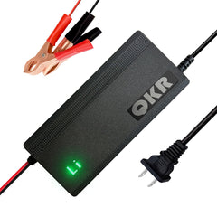 QKR 12V LiFePO4 charger front view for convenient home charging.