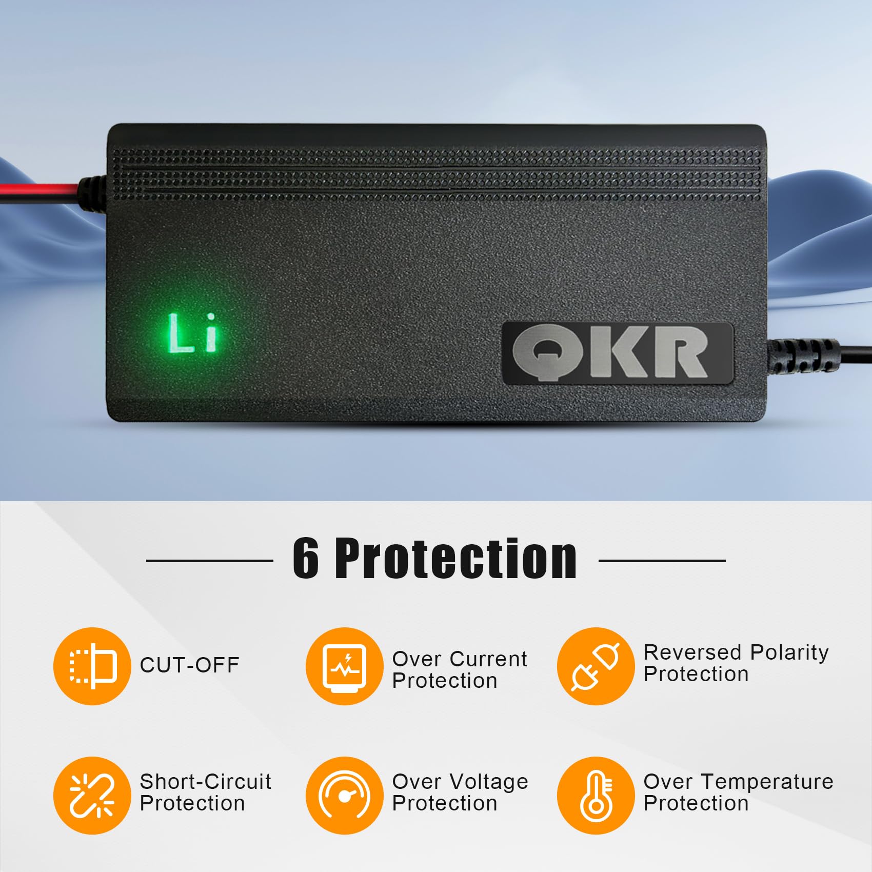 QKR 12V LiFePO4 charger side profile showcasing compact space-saving design.