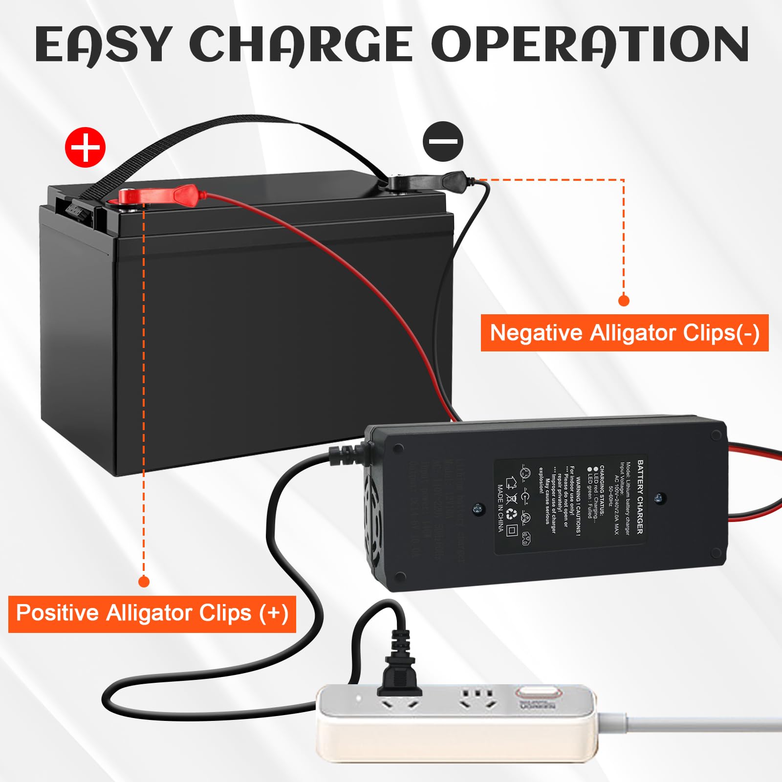 QKR compact 58.4V LiFePO4 charger suitable for boats and lawn gear.