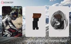 Qktxktzy wood-and-metal display showcases helmet and gloves.